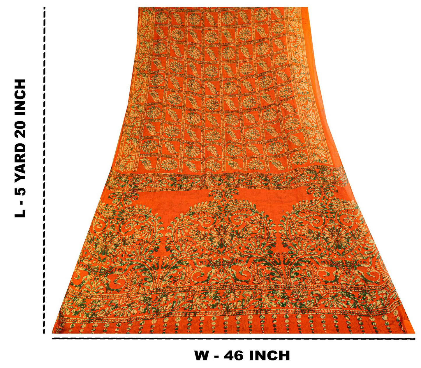 Sanskriti Vintage Saree Orange Pure Cotton Batik Print Craft Fabric 5.5+YardSari