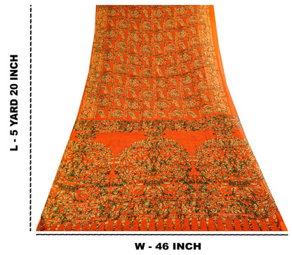 Sanskriti Vintage Saree Orange Pure Cotton Batik Print Craft Fabric 5.5+YardSari