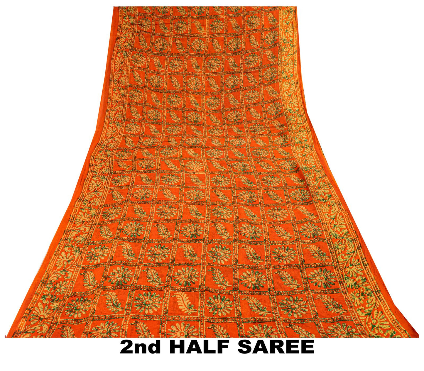 Sanskriti Vintage Saree Orange Pure Cotton Batik Print Craft Fabric 5.5+YardSari