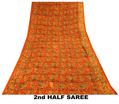 Sanskriti Vintage Saree Orange Pure Cotton Batik Print Craft Fabric 5.5+YardSari