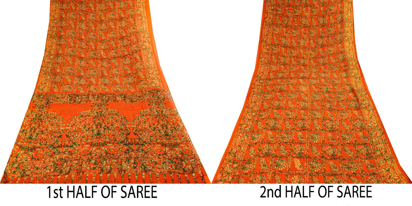 Sanskriti Vintage Saree Orange Pure Cotton Batik Print Craft Fabric 5.5+YardSari
