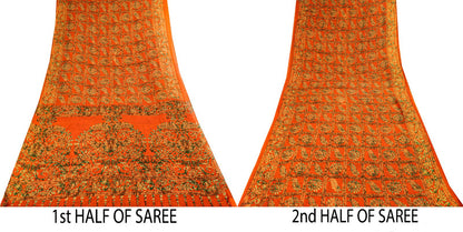 Sanskriti Vintage Saree Orange Pure Cotton Batik Print Craft Fabric 5.5+YardSari