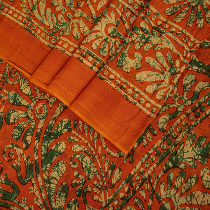Sanskriti Vintage Saree Orange Pure Cotton Batik Print Craft Fabric 5.5+YardSari