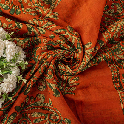 Sanskriti Vintage Saree Orange Pure Cotton Batik Print Craft Fabric 5.5+YardSari