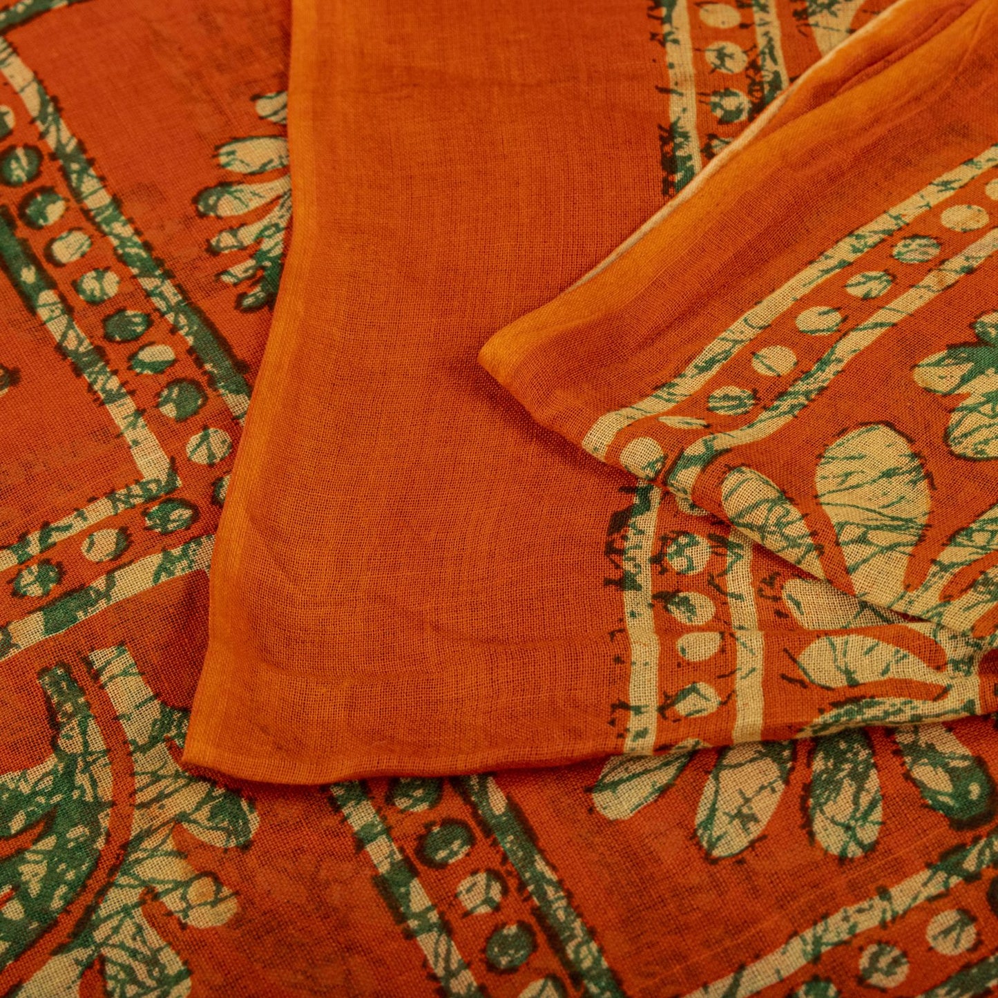 Sanskriti Vintage Saree Orange Pure Cotton Batik Print Craft Fabric 5.5+YardSari