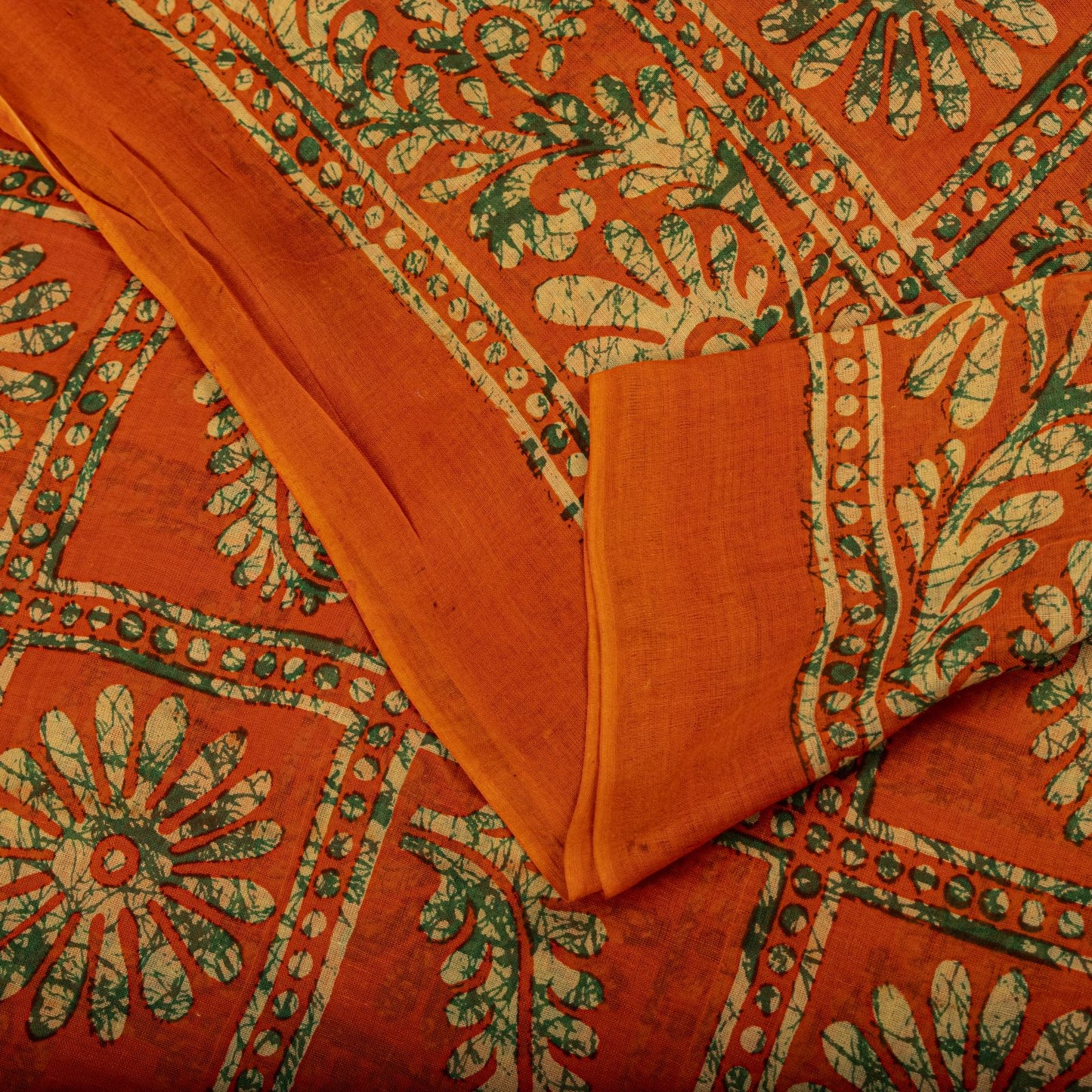 Sanskriti Vintage Saree Orange Pure Cotton Batik Print Craft Fabric 5.5+YardSari