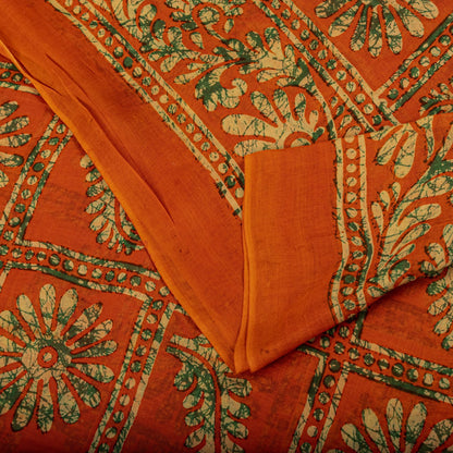 Sanskriti Vintage Saree Orange Pure Cotton Batik Print Craft Fabric 5.5+YardSari