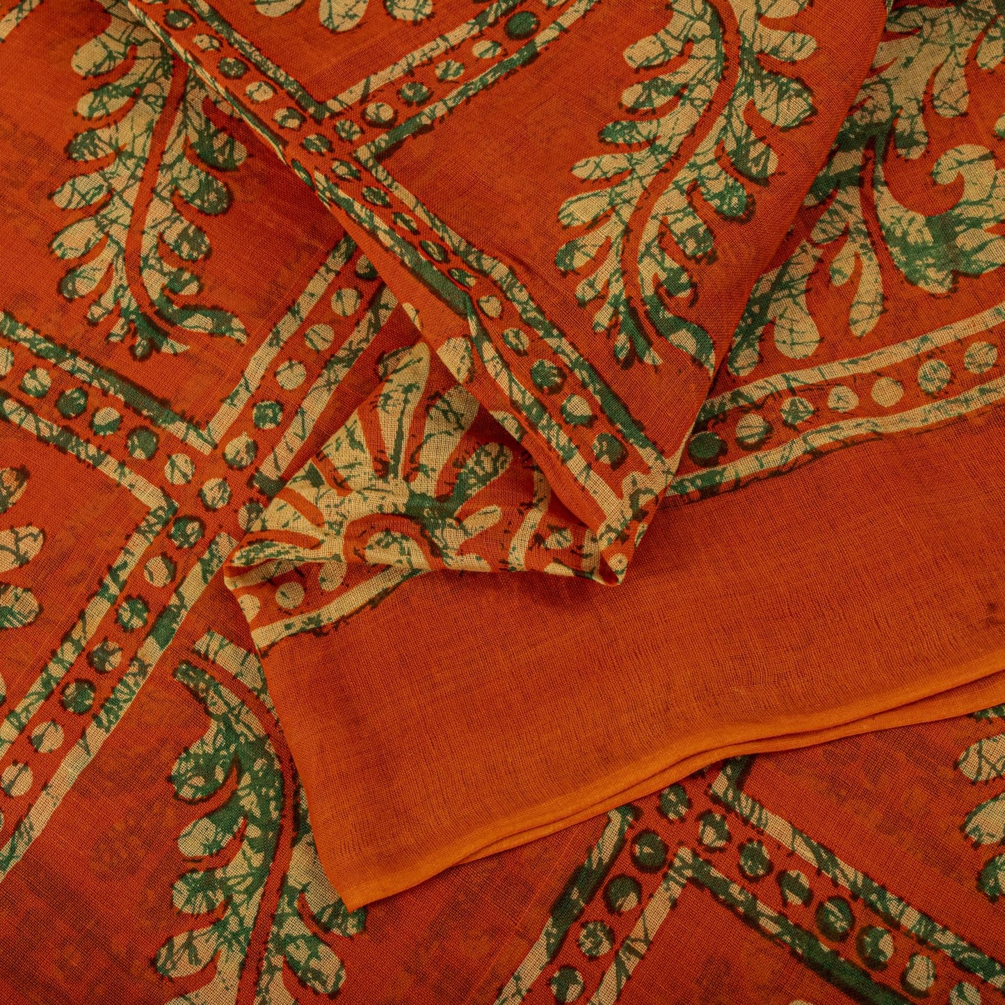 Sanskriti Vintage Saree Orange Pure Cotton Batik Print Craft Fabric 5.5+YardSari