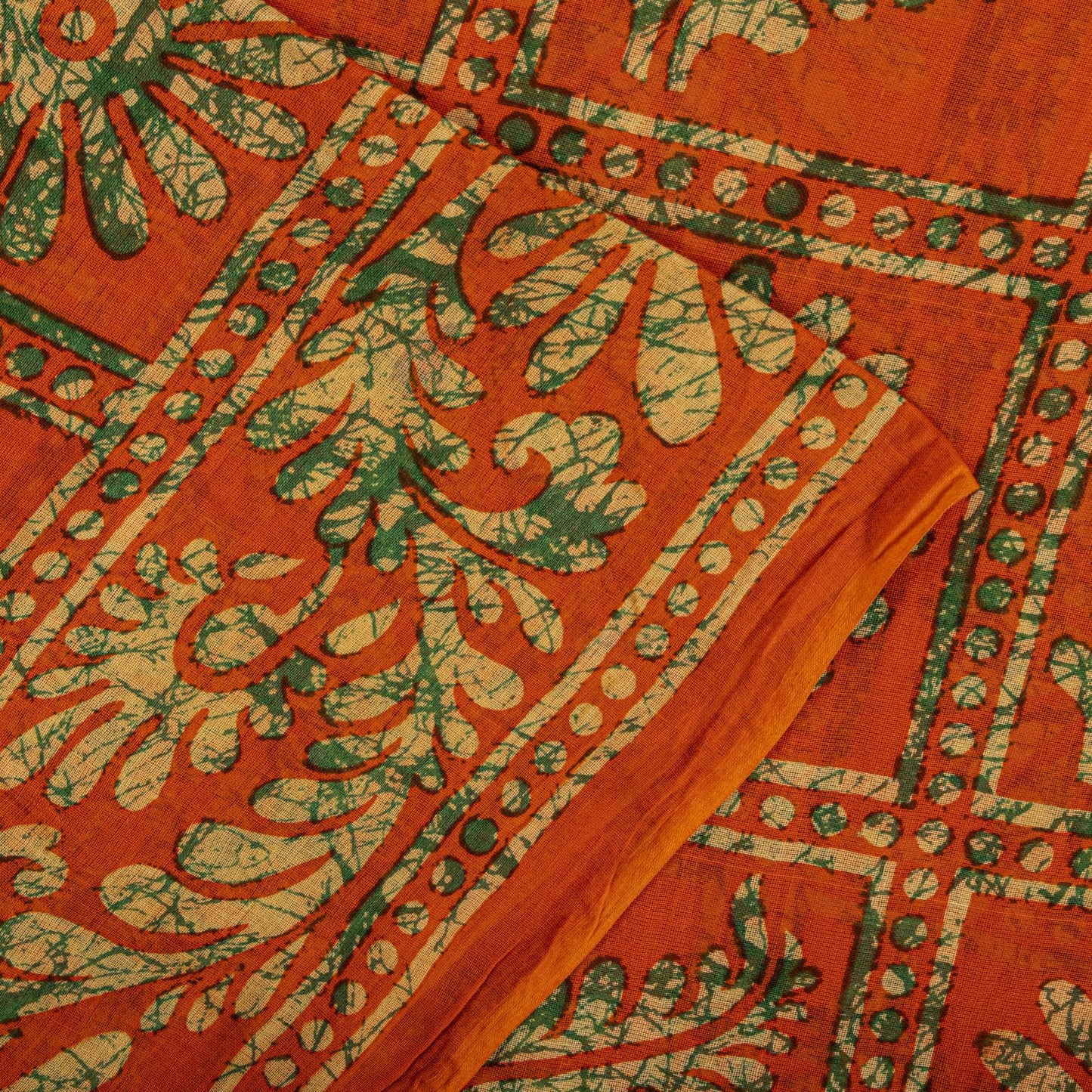 Sanskriti Vintage Saree Orange Pure Cotton Batik Print Craft Fabric 5.5+YardSari