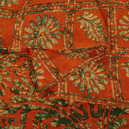 Sanskriti Vintage Saree Orange Pure Cotton Batik Print Craft Fabric 5.5+YardSari