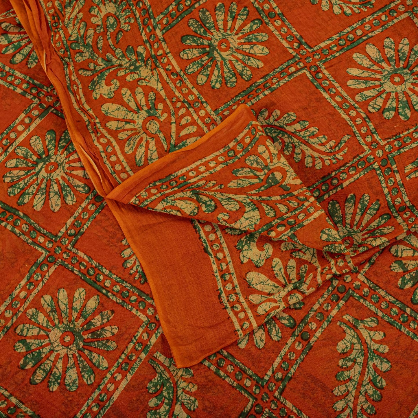 Sanskriti Vintage Saree Orange Pure Cotton Batik Print Craft Fabric 5.5+YardSari