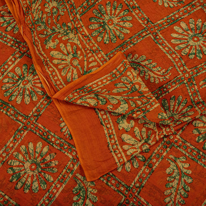 Sanskriti Vintage Saree Orange Pure Cotton Batik Print Craft Fabric 5.5+YardSari