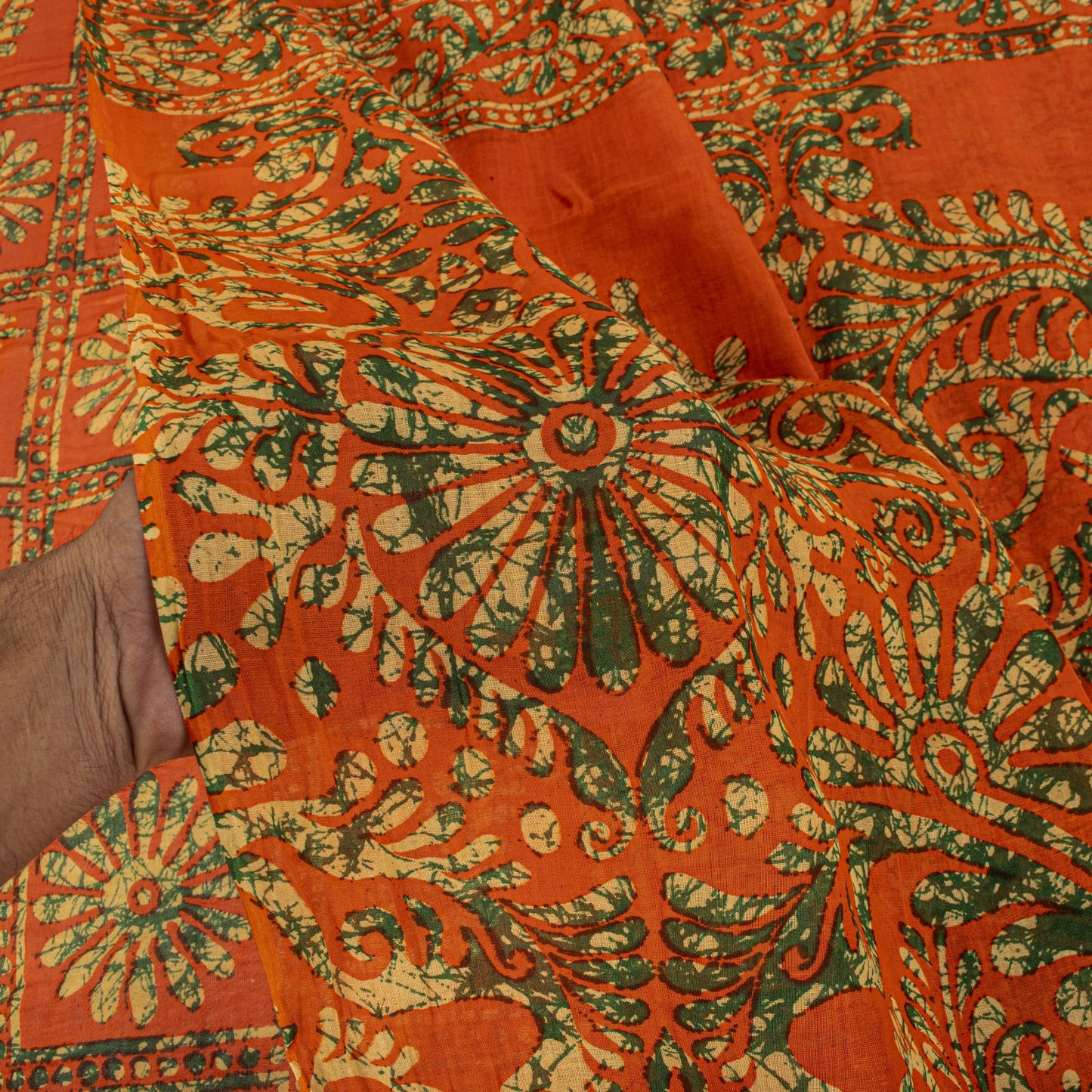 Sanskriti Vintage Saree Orange Pure Cotton Batik Print Craft Fabric 5.5+YardSari