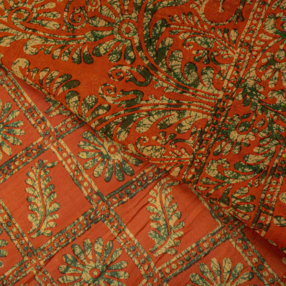Sanskriti Vintage Saree Orange Pure Cotton Batik Print Craft Fabric 5.5+YardSari