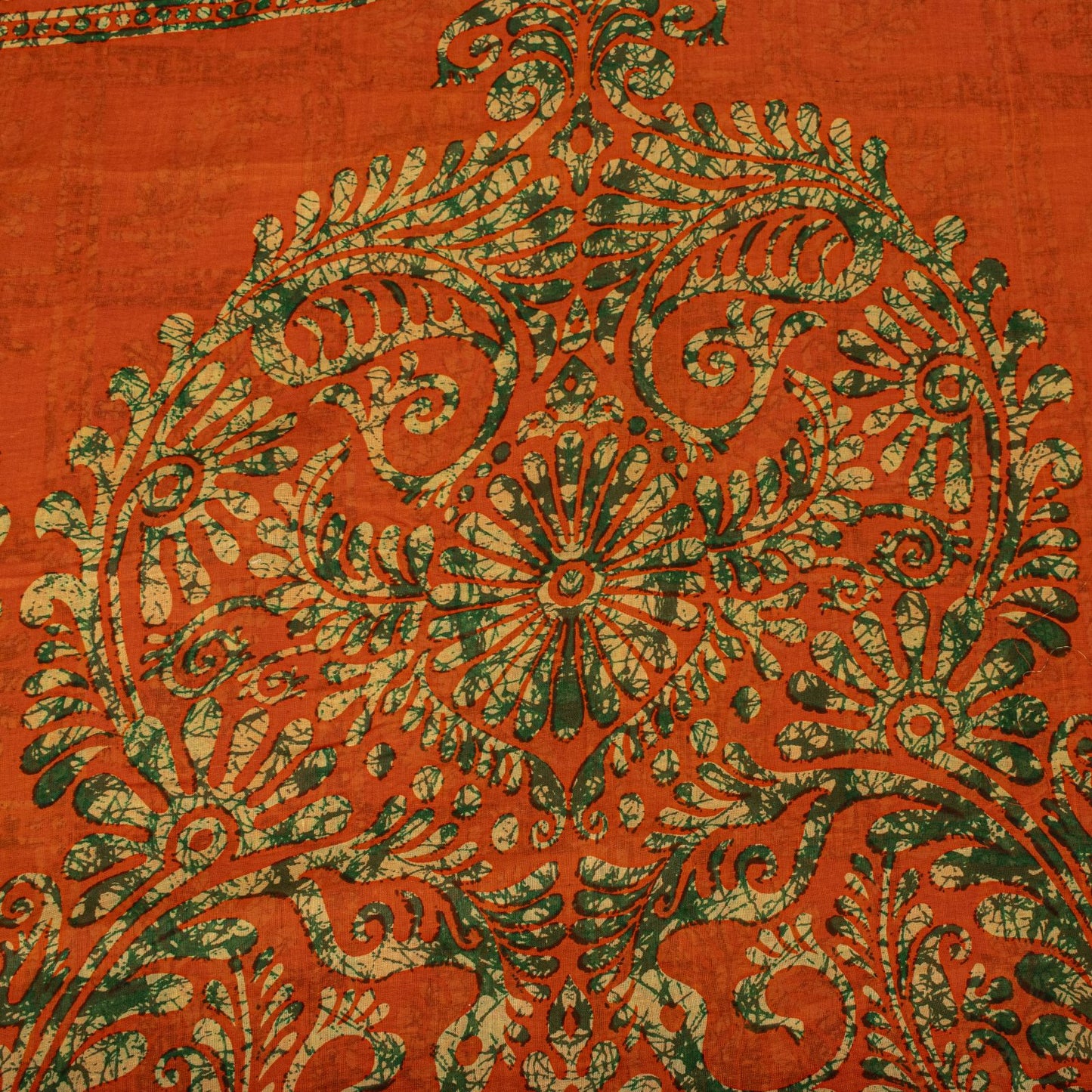 Sanskriti Vintage Saree Orange Pure Cotton Batik Print Craft Fabric 5.5+YardSari