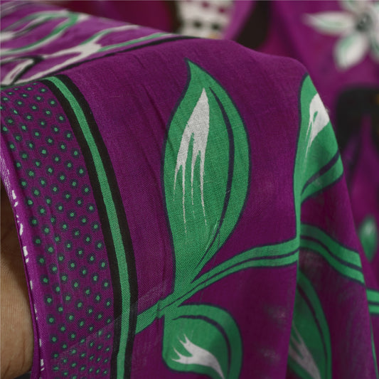 Sanskriti Vintage Sarees Purple Pure Cotton Floral Floral Print 5+YD Sari Quilts