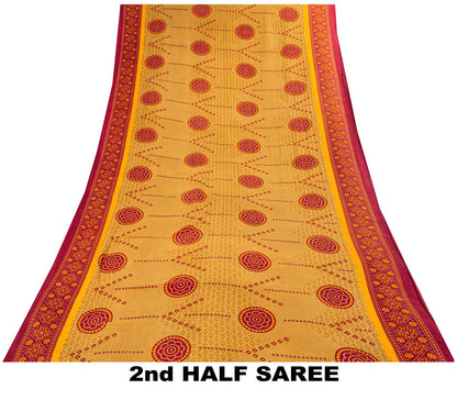 Sanskriti Vintage Saree Yellow 100% Pure Cotton Bandhani Print Craft Fabric 5+Yard Sari