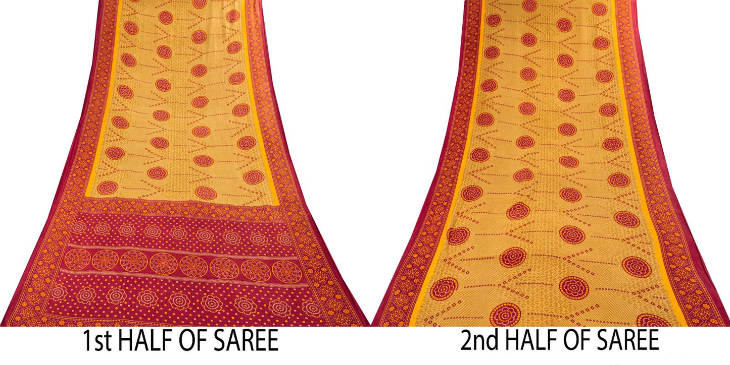 Sanskriti Vintage Saree Yellow 100% Pure Cotton Bandhani Print Craft Fabric 5+Yard Sari