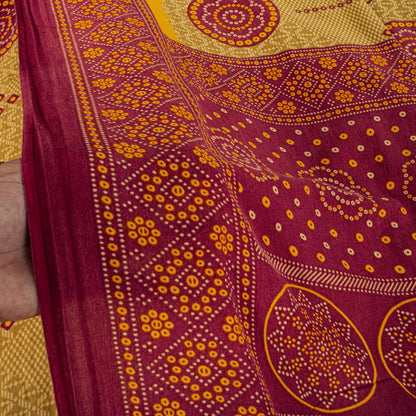 Sanskriti Vintage Saree Yellow 100% Pure Cotton Bandhani Print Craft Fabric 5+Yard Sari