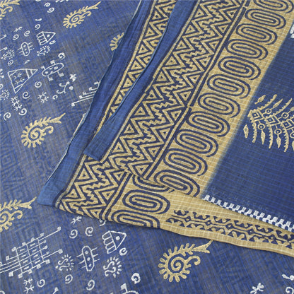 Sanskriti Vintage Sarees Blue & Cream 100% Pure Cotton Geometric Print 5+YD Sari