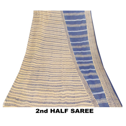 Sanskriti Vintage Sarees Blue & Cream 100% Pure Cotton Geometric Print 5+YD Sari