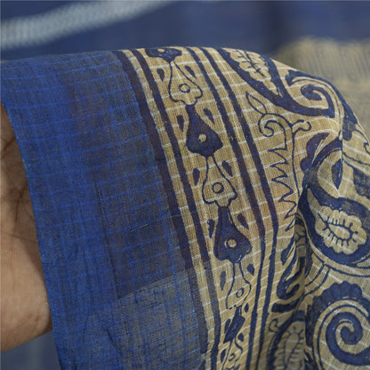 Sanskriti Vintage Sarees Blue & Cream 100% Pure Cotton Geometric Print 5+YD Sari