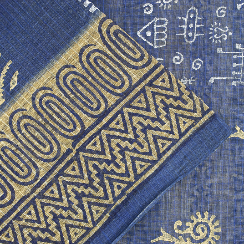 Sanskriti Vintage Sarees Blue & Cream 100% Pure Cotton Geometric Print 5+YD Sari