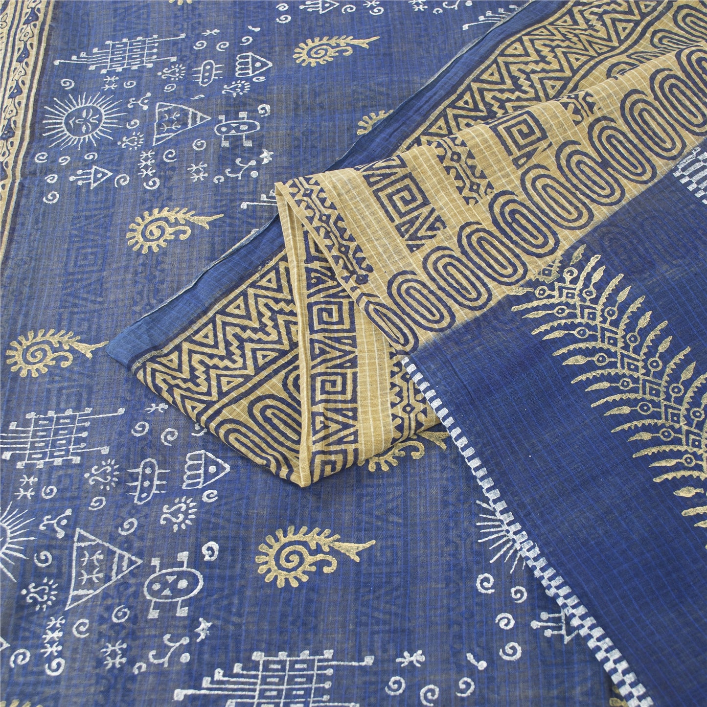 Sanskriti Vintage Sarees Blue & Cream 100% Pure Cotton Geometric Print 5+YD Sari