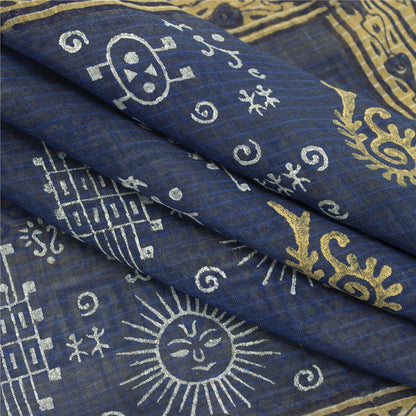 Sanskriti Vintage Sarees Blue & Cream 100% Pure Cotton Geometric Print 5+YD Sari