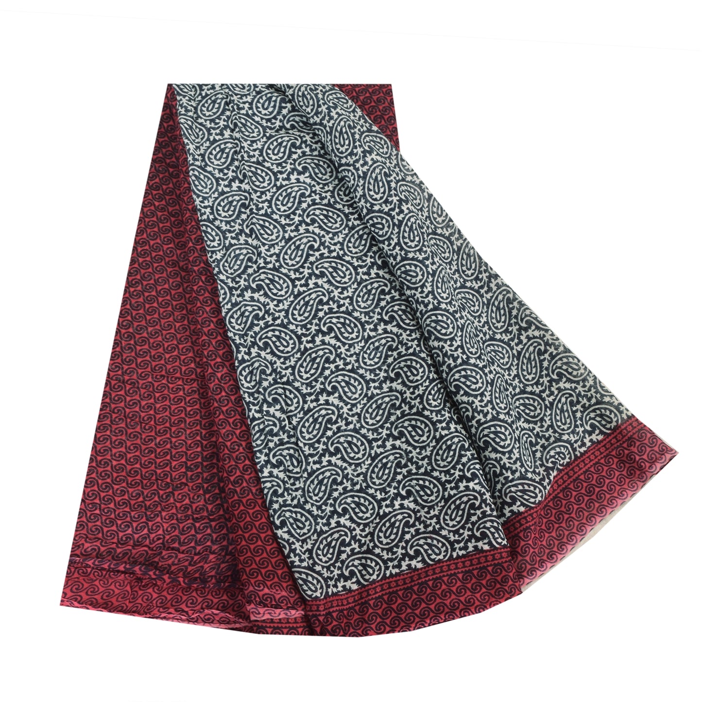 Sanskriti Vintage Sarees Green/Red Pure Cotton Paisley Printed Sari Craft Sustainable Fabric