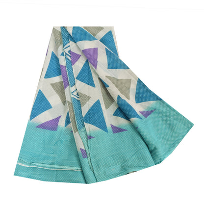 Sanskriti Vintage Sarees Blue Pure Cotton Geometric Print Sari 5yd Craft Sustainable Fabric