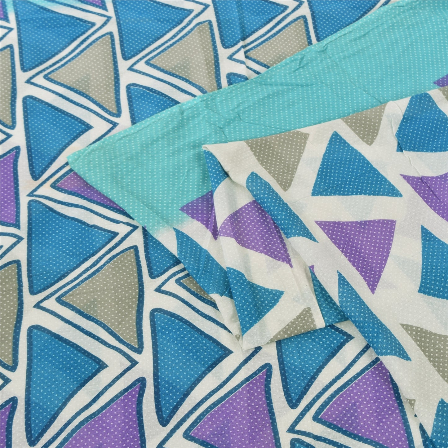 Sanskriti Vintage Sarees Blue Pure Cotton Geometric Print Sari 5yd Craft Sustainable Fabric