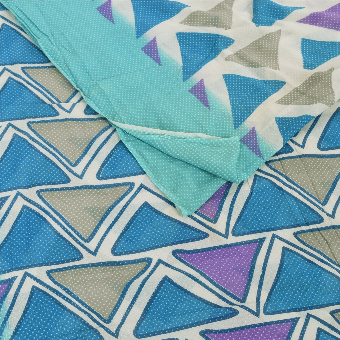 Sanskriti Vintage Sarees Blue Pure Cotton Geometric Print Sari 5yd Craft Sustainable Fabric