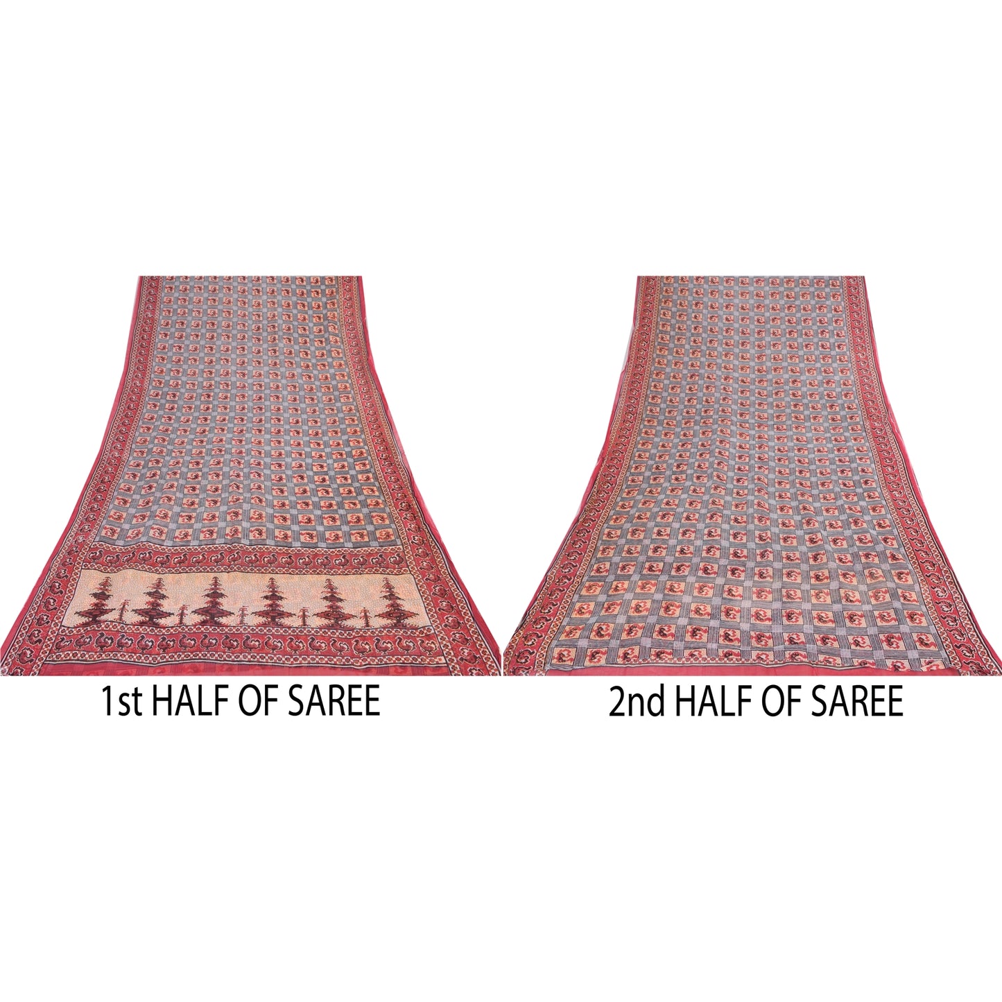 Санскритские винтажные сари Патан Патола с принтом красного/серого цвета из чистого хлопка сари из экологически чистой ткани