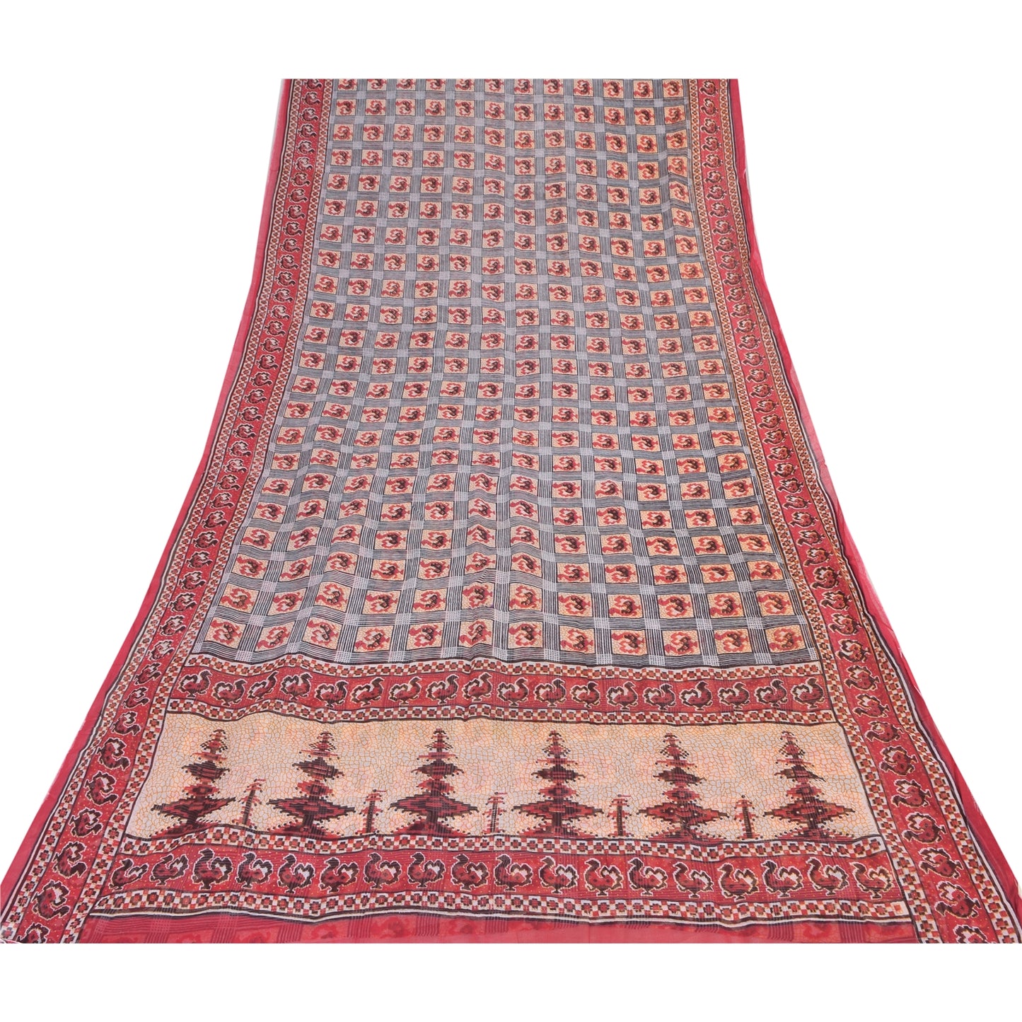 Санскритские винтажные сари Патан Патола с принтом красного/серого цвета из чистого хлопка сари из экологически чистой ткани