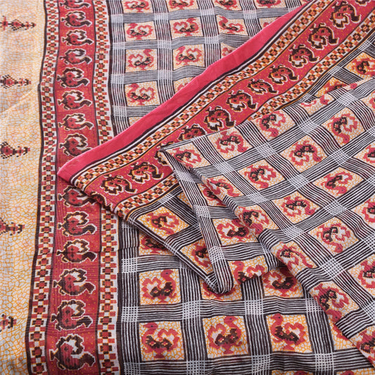 Sanskriti Vintage Sarees Patan Patola Printed Red/Gray Pure Cotton Sari Sustainable Fabric