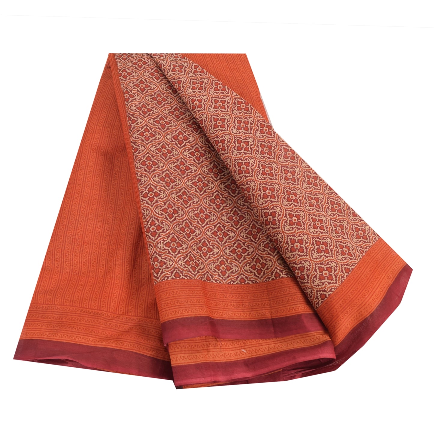 Sanskriti Vintage Sarees Red/Orange Pure Cotton Printed Sari 5yd Craft Sustainable Fabric