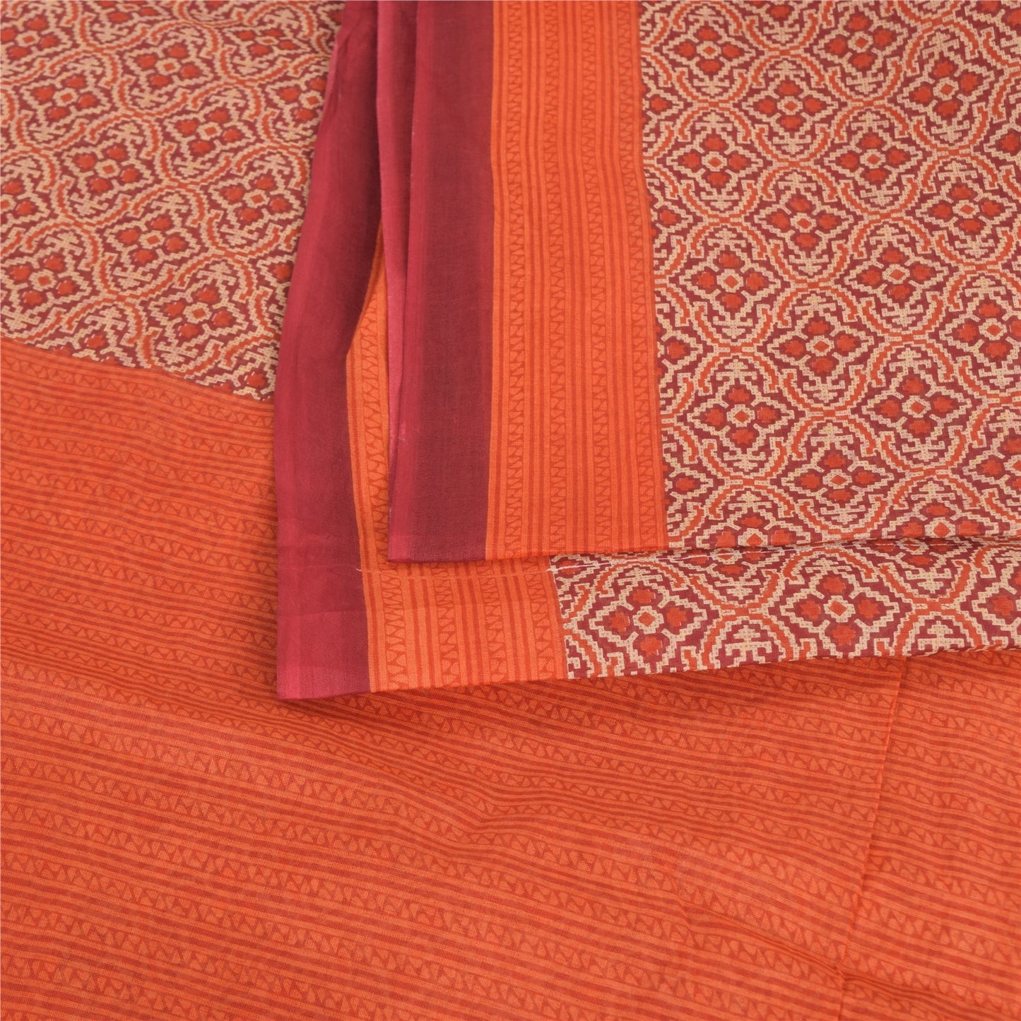 Sanskriti Vintage Sarees Red/Orange Pure Cotton Printed Sari 5yd Craft Sustainable Fabric