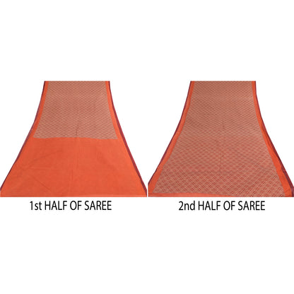 Sanskriti Vintage Sarees Red/Orange Pure Cotton Printed Sari 5yd Craft Sustainable Fabric