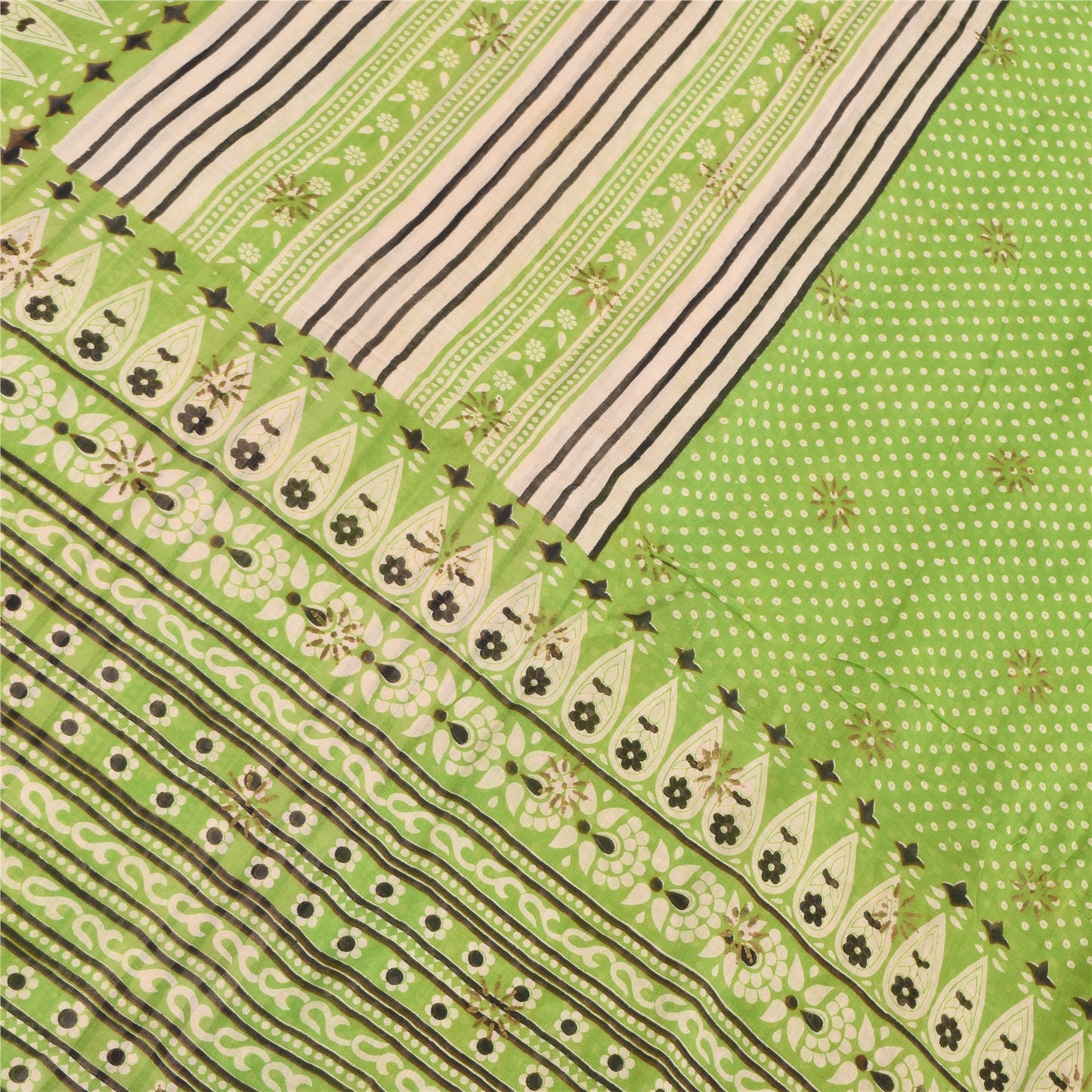 Sanskriti Vintage Sarees Indian Green Pure Cotton Printed Sari 5yd Craft Sustainable Fabric