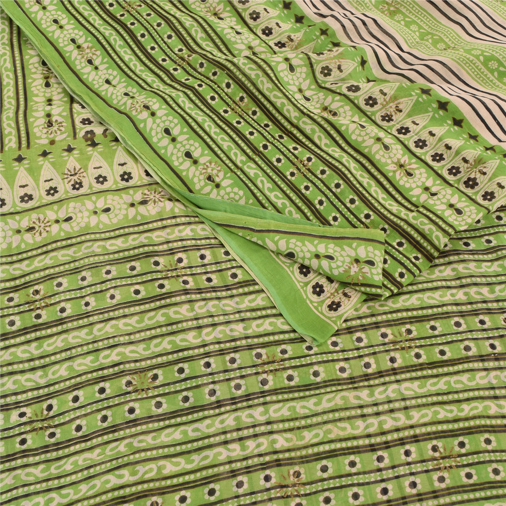 Sanskriti Vintage Sarees Indian Green Pure Cotton Printed Sari 5yd Craft Sustainable Fabric