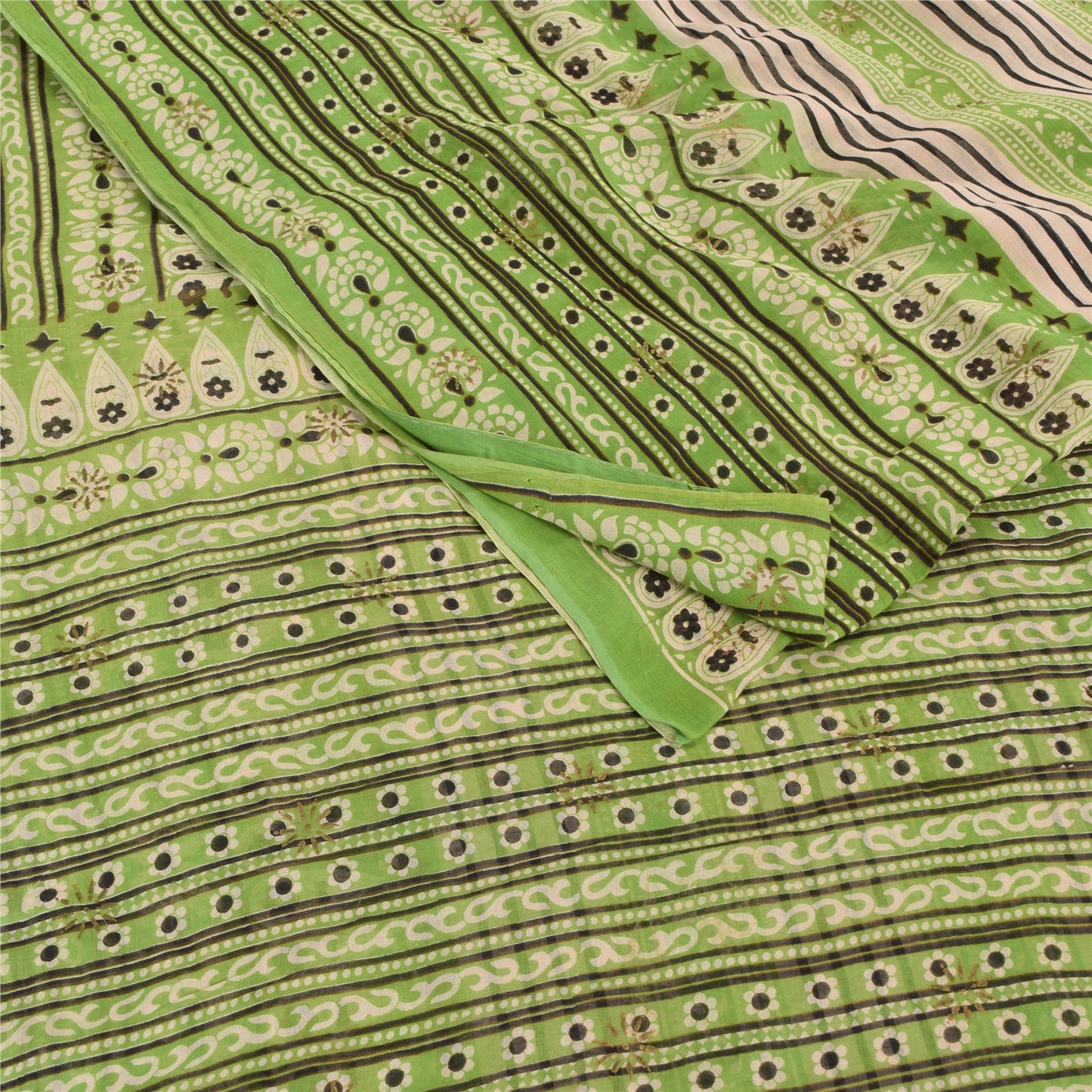 Sanskriti Vintage Sarees Indian Green Pure Cotton Printed Sari 5yd Craft Sustainable Fabric