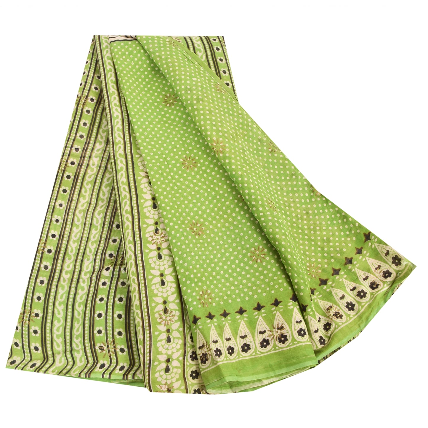 Sanskriti Vintage Sarees Indian Green Pure Cotton Printed Sari 5yd Craft Sustainable Fabric