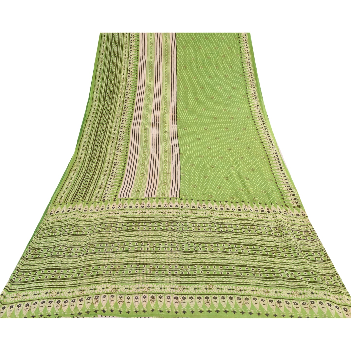 Sanskriti Vintage Sarees Indian Green Pure Cotton Printed Sari 5yd Craft Sustainable Fabric