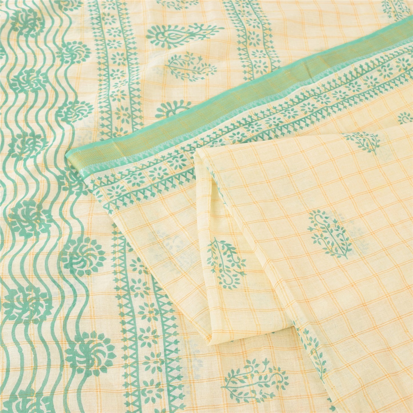 Sanskriti Vintage Sarees Ivory/Green Hand Block Printed Pure Cotton Sari Sustainable Fabric