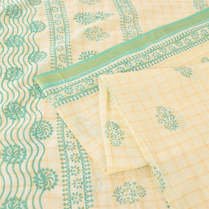 Sanskriti Vintage Sarees Ivory/Green Hand Block Printed Pure Cotton Sari Sustainable Fabric