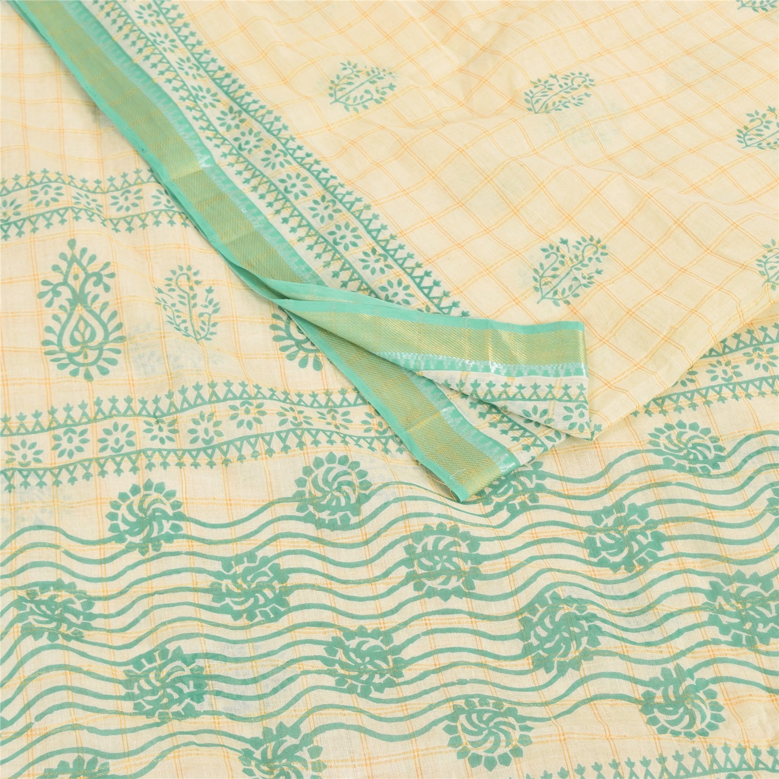 Sanskriti Vintage Sarees Ivory/Green Hand Block Printed Pure Cotton Sari Sustainable Fabric