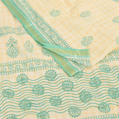 Sanskriti Vintage Sarees Ivory/Green Hand Block Printed Pure Cotton Sari Sustainable Fabric