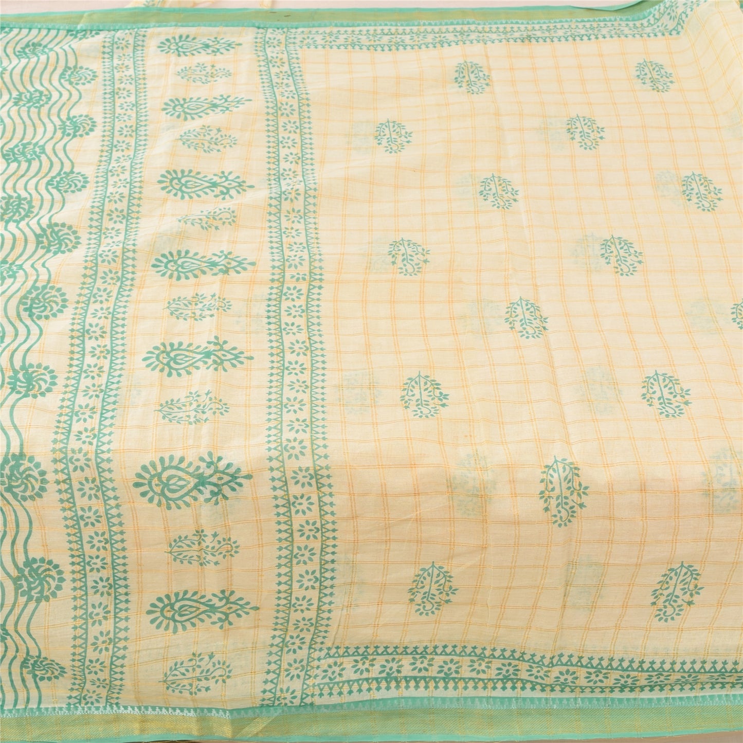 Sanskriti Vintage Sarees Ivory/Green Hand Block Printed Pure Cotton Sari Sustainable Fabric