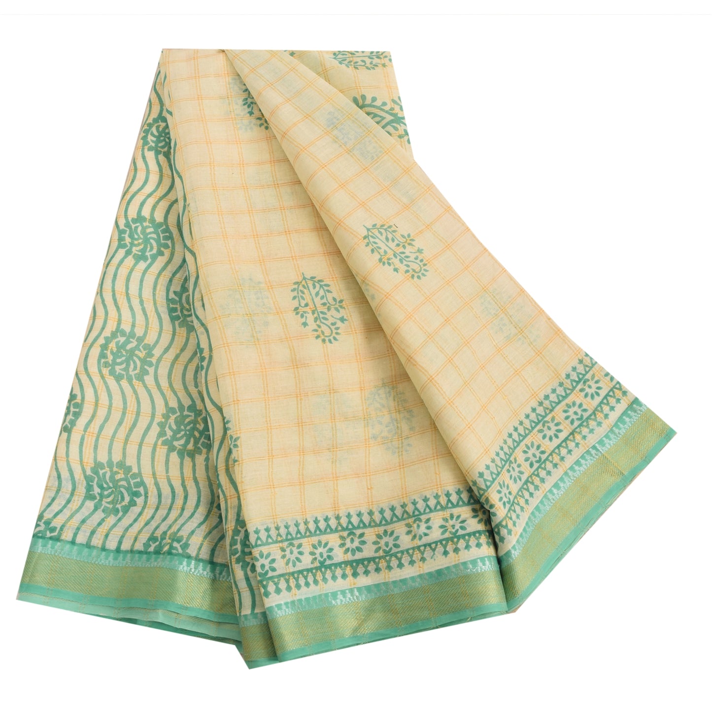 Sanskriti Vintage Sarees Ivory/Green Hand Block Printed Pure Cotton Sari Sustainable Fabric